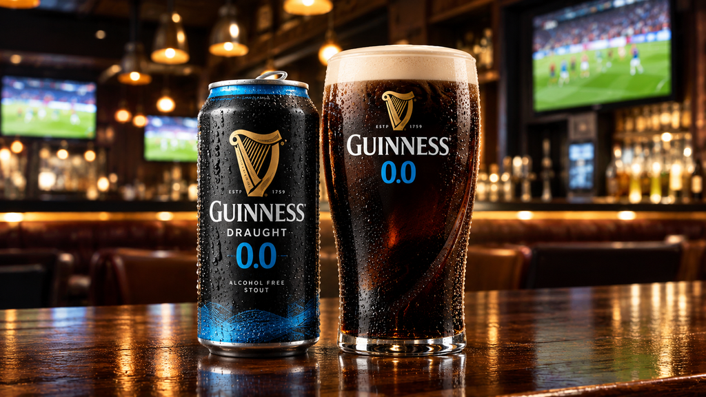 Guinness 0.0 non alcoholic beer can and glass in American bar market