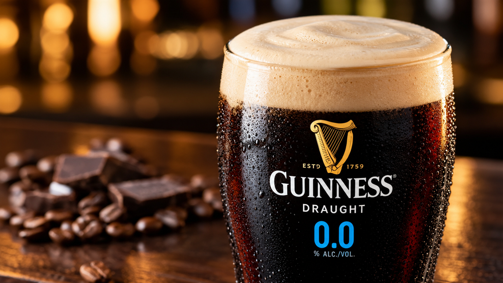 Poured pint of Guinness 0.0 non alcoholic stout showing creamy head and dark malt texture
