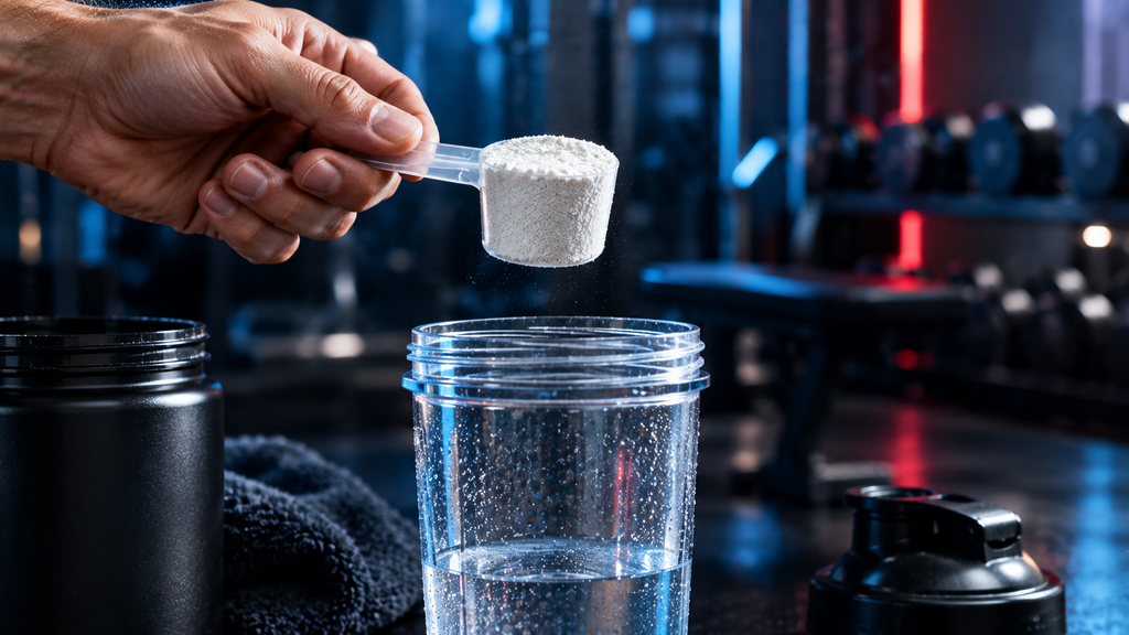 Athlete experiencing high energy focus and endurance benefits from pre-workout supplement during gym training