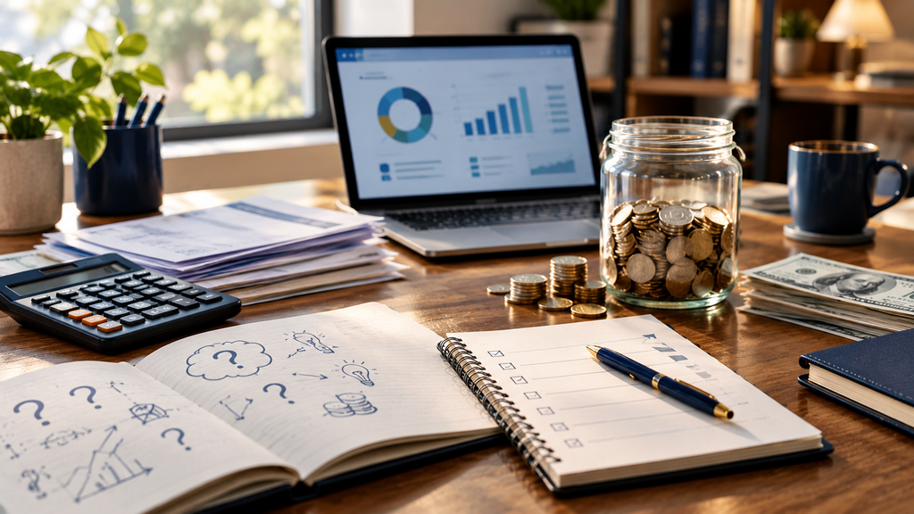 Financial planning and debt repayment with a calculator, bills, and a notebook illustrating money management.