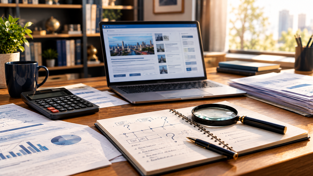 Financial news research desk with documents, a laptop, and notes representing the investigation of a financial phrase and its original context.
