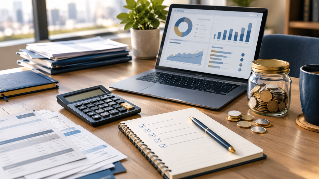 Personal debt repayment planning with a calculator, financial documents, a budget notebook, and savings representing responsible money management.