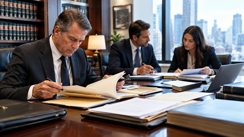 Harvey Weinstein attorney and defense team reviewing legal case documents